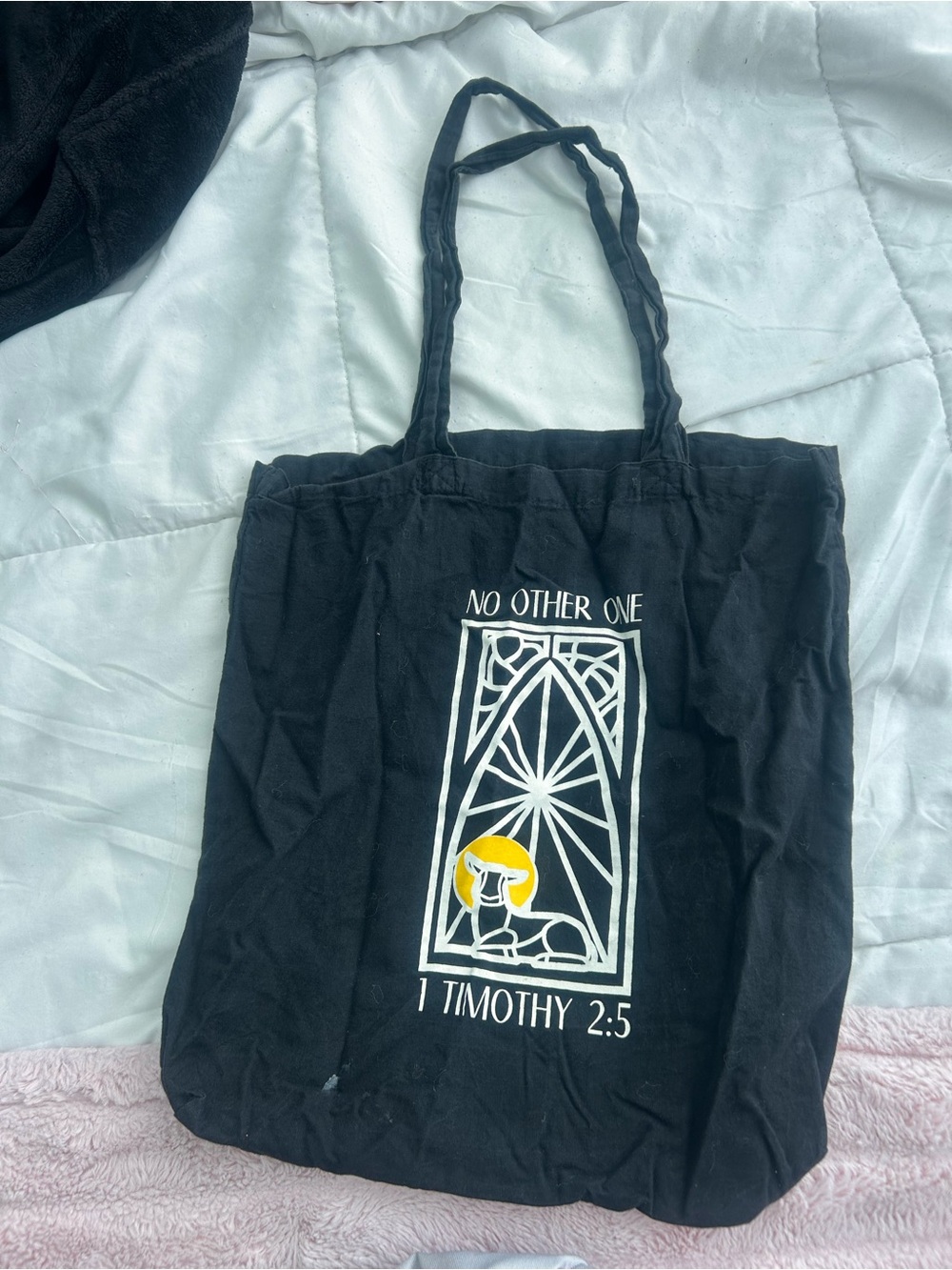 Black Graphic Tote Bag with 'No Other One' Scripture Print
